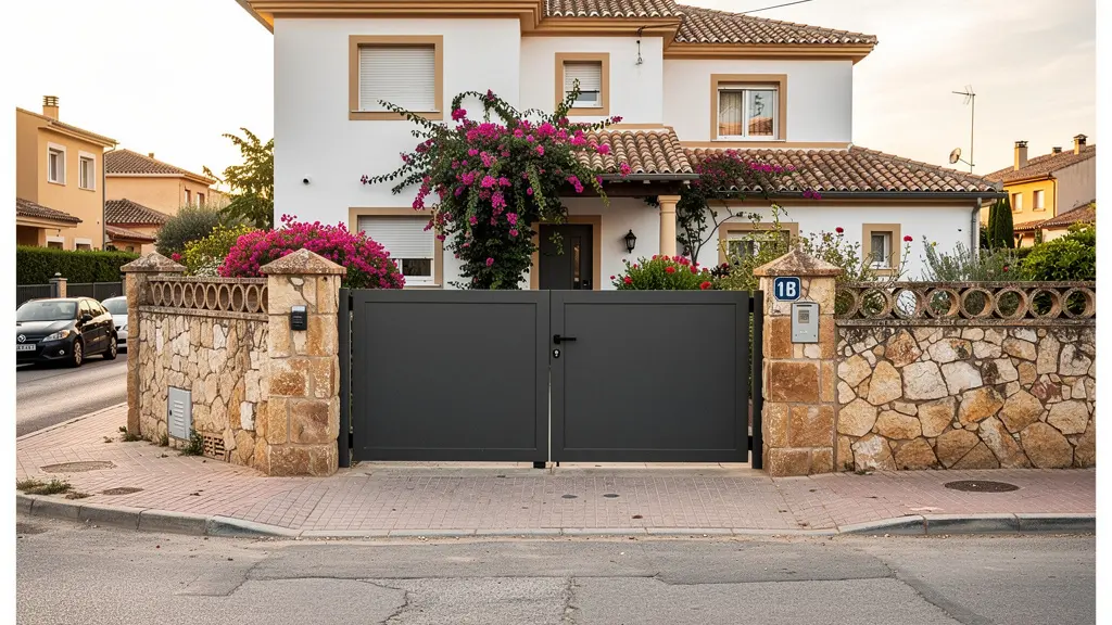 Puerta batiente exterior de aluminio en fachada de vivienda mediterránea