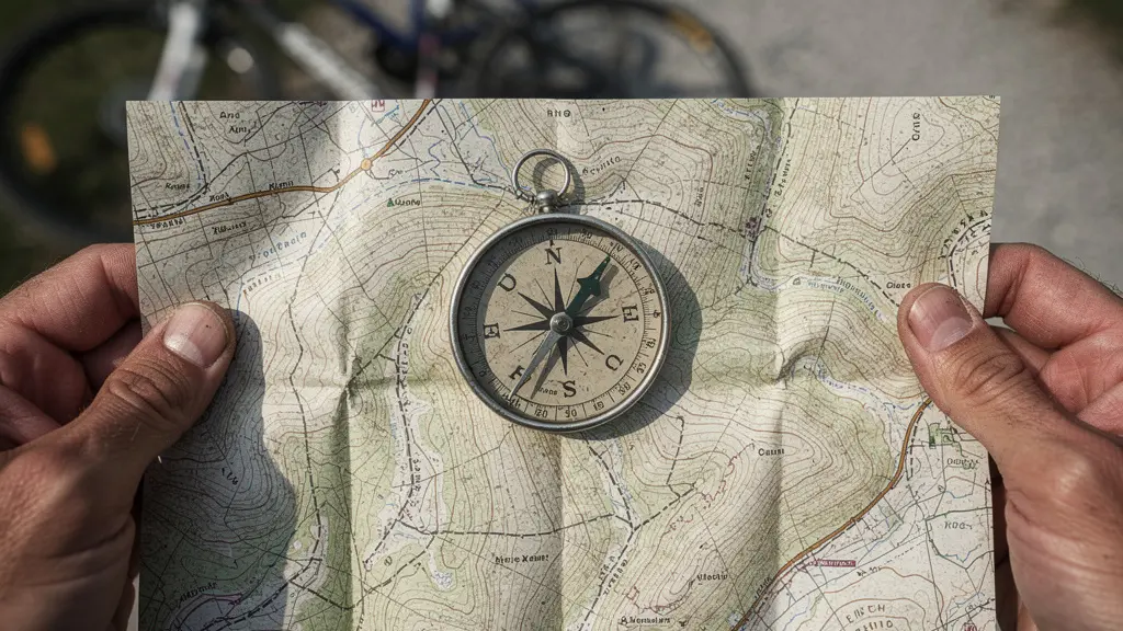 Familia consultando un mapa físico junto a sus bicicletas en una vía verde