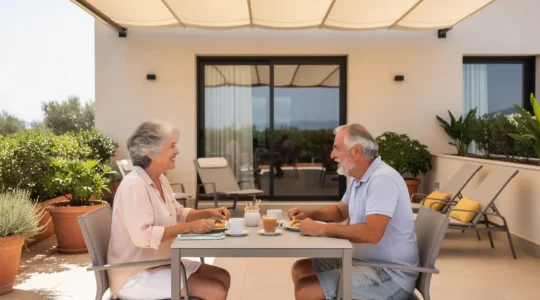 Pareja mediterránea desayunando en terraza residencial bajo toldo extendido