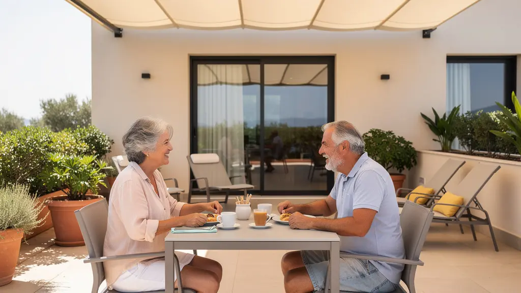 Pareja mediterránea desayunando en terraza residencial bajo toldo extendido