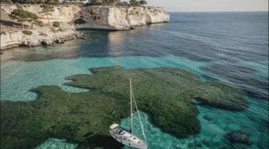 Vista aérea de un velero anclado sobre aguas cristalinas turquesas del Mediterráneo balear