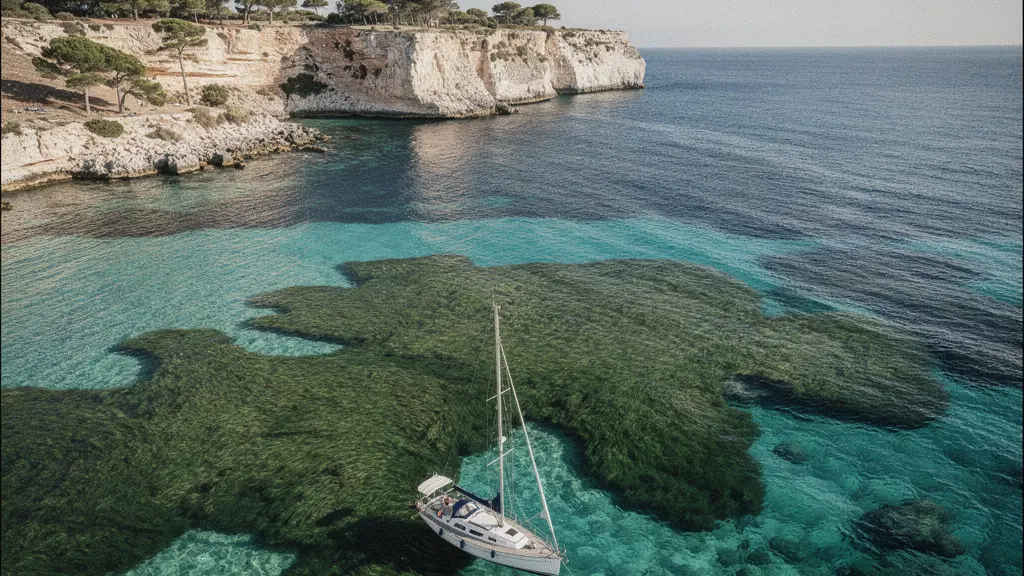 Vista aérea de un velero anclado sobre aguas cristalinas turquesas del Mediterráneo balear