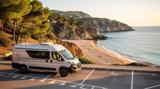 Furgoneta camper estacionada en un aparcamiento costero español al amanecer con vistas al mar Mediterráneo