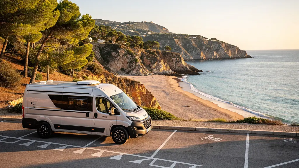 Furgoneta camper estacionada en un aparcamiento costero español al amanecer con vistas al mar Mediterráneo