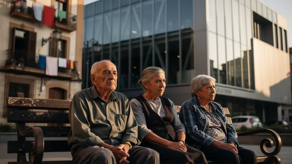 Contraste arquitectónico entre un museo contemporáneo y viviendas tradicionales del barrio con vecinos locales