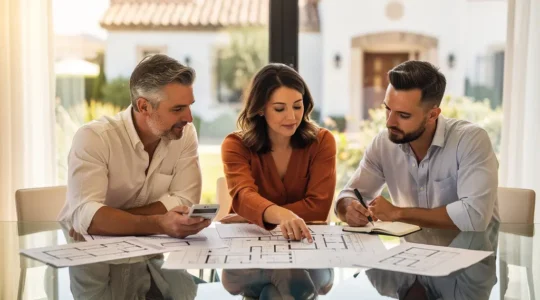 Tres hermanos revisando documentos inmobiliarios con una casa de fondo en España