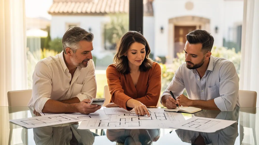 Tres hermanos revisando documentos inmobiliarios con una casa de fondo en España