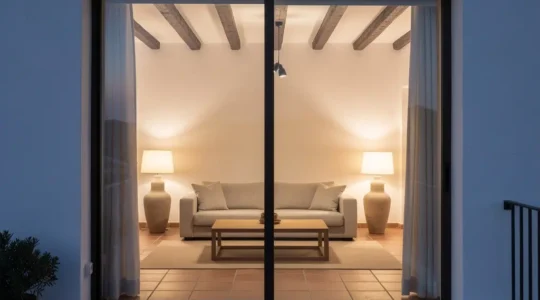 Sala de estar moderna con luces inteligentes encendidas al atardecer simulando presencia en el hogar