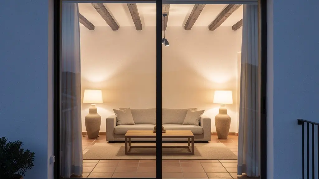 Sala de estar moderna con luces inteligentes encendidas al atardecer simulando presencia en el hogar