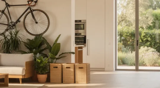 Vista panorámica de un hogar español moderno con elementos de sostenibilidad integrados en el diseño arquitectónico
