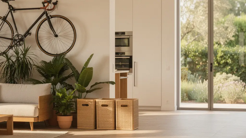 Vista panorámica de un hogar español moderno con elementos de sostenibilidad integrados en el diseño arquitectónico