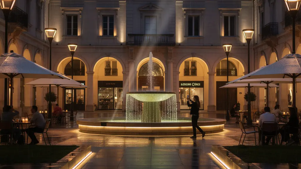 Plaza comercial iluminada con tecnología LED adaptativa durante el anochecer