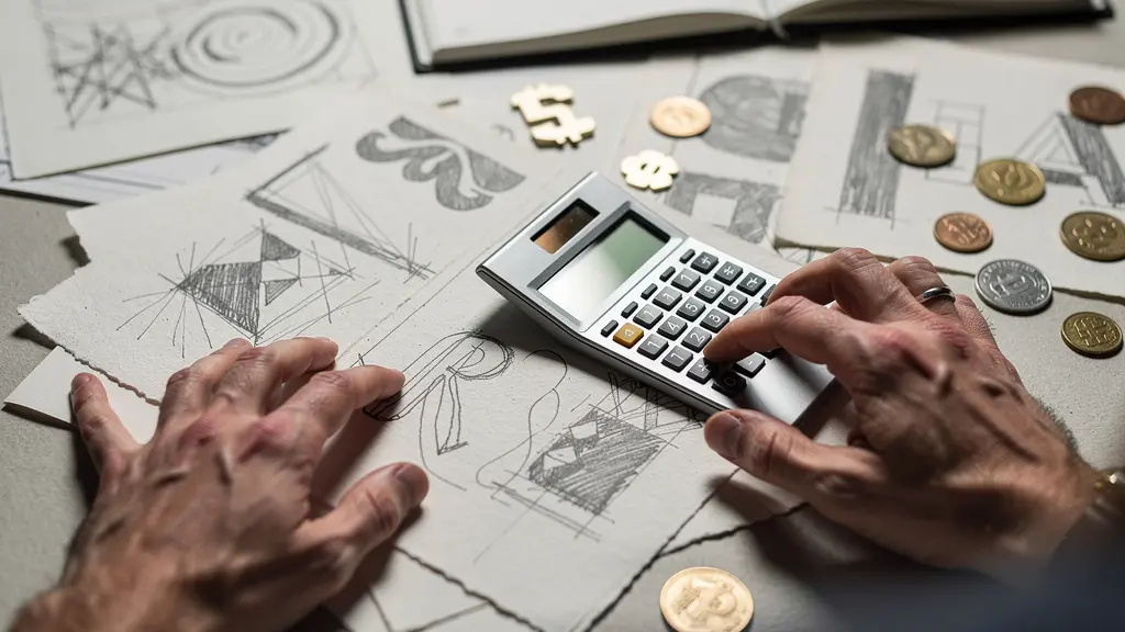 Ilustrador español revisando contratos y calculando royalties con documentos abstractos