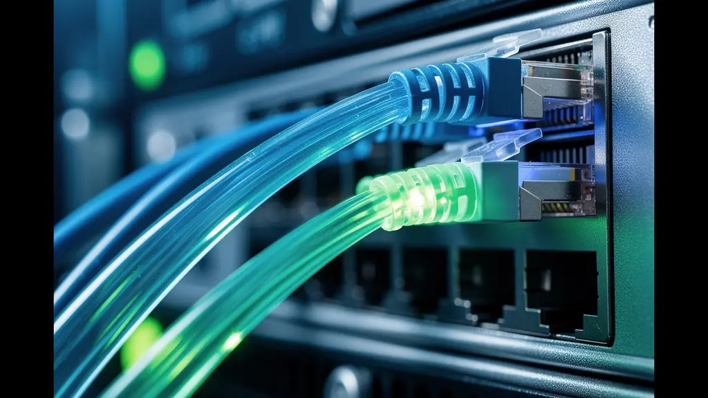 Detalle macro de cables de fibra óptica y equipamiento de red profesional