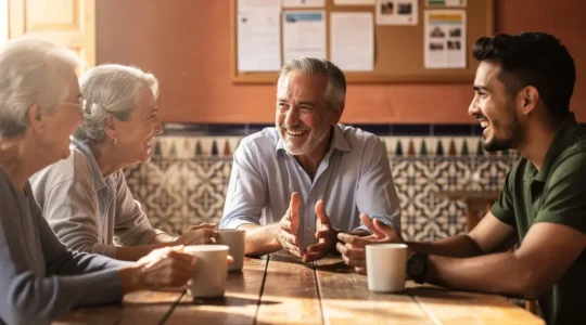 Personas de diferentes edades compartiendo en una reunión comunitaria de asociación local