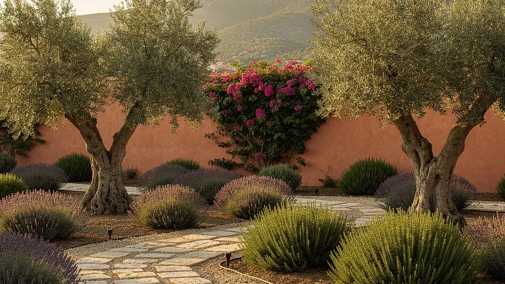 Jardín mediterráneo español con sistema de riego por goteo, olivos y lavanda bajo el sol dorado