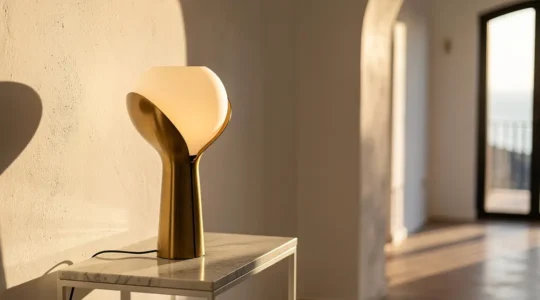 Lámpara de diseño original en espacio arquitectónico minimalista con luz natural mediterránea