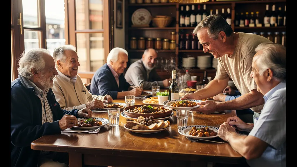 Interior acogedor de bar tradicional español cerca de estación con platos típicos en la barra
