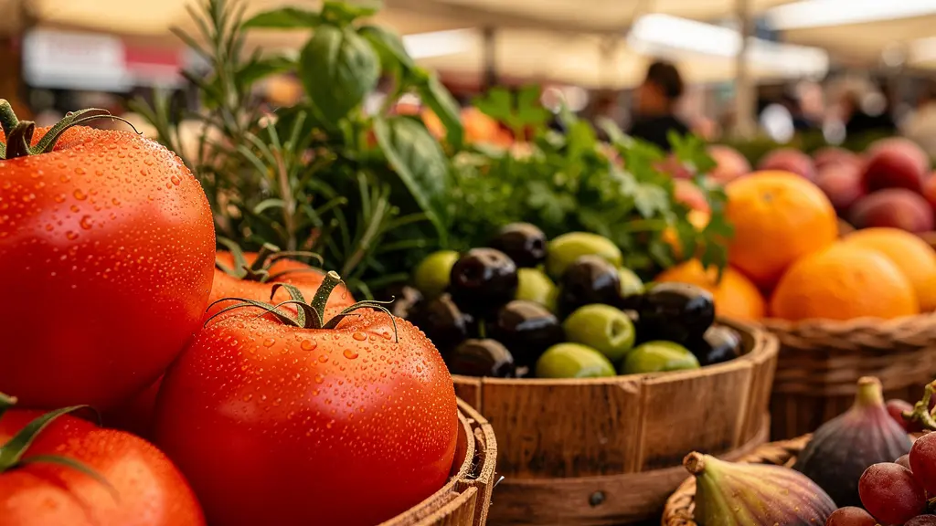 Puesto de mercado español con frutas y verduras de temporada, aceitunas y productos locales en ambiente matinal