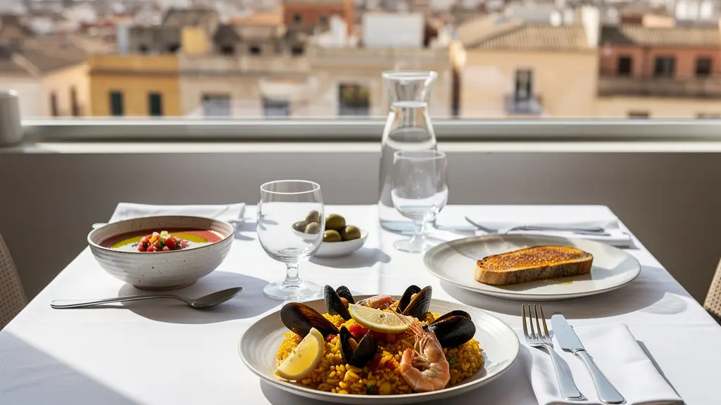 Mesa de restaurante con platos mediterráneos y vista urbana española