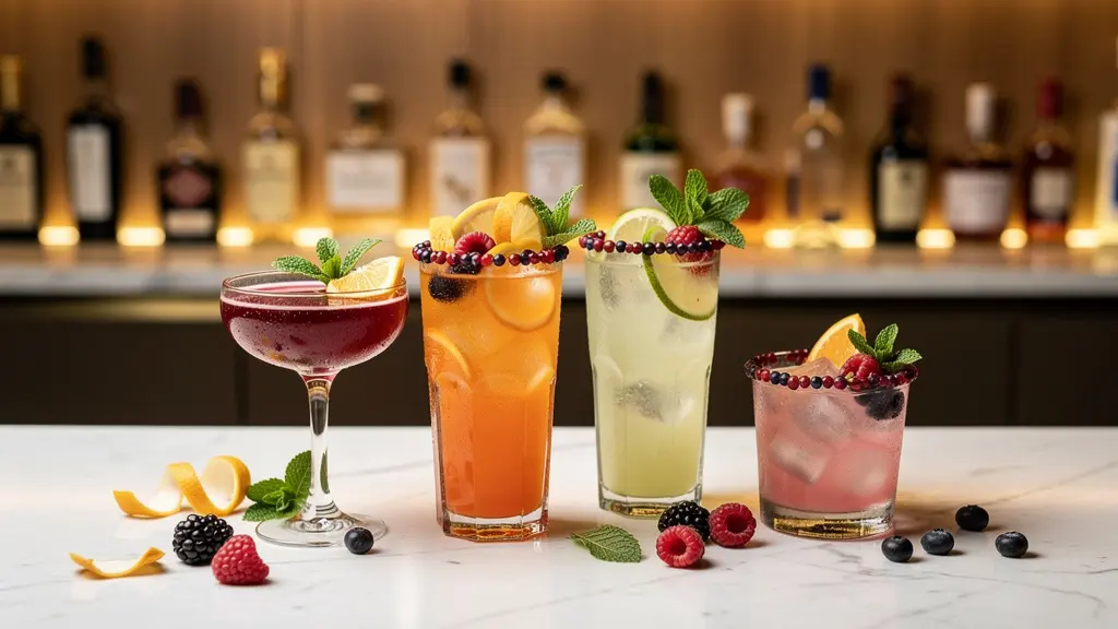 Variedad de cócteles sin alcohol coloridos y sofisticados en la barra de un bar español