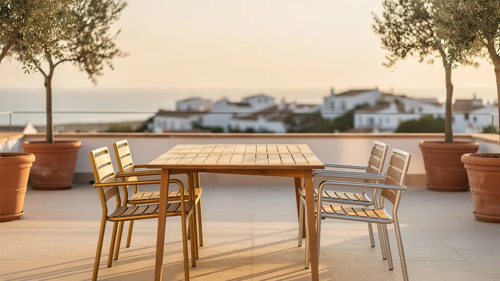 Comparación visual de muebles de jardín de teca y aluminio en terraza mediterránea española