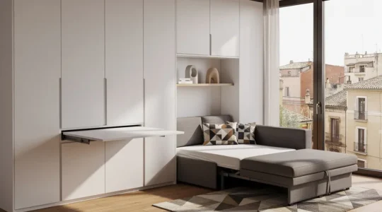 Interior de apartamento compacto con muebles convertibles integrados y diseño minimalista
