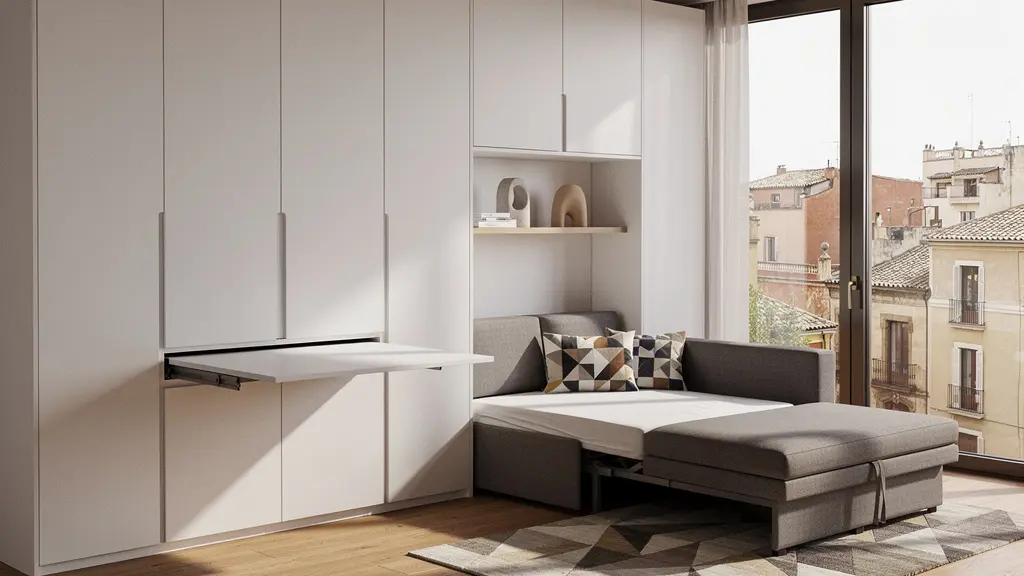 Interior de apartamento compacto con muebles convertibles integrados y diseño minimalista