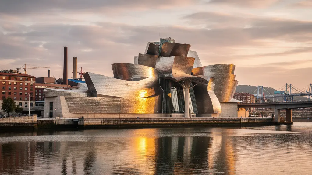 Vista panorámica del Museo Guggenheim Bilbao reflejándose en la ría del Nervión, con la ciudad industrial transformada al fondo