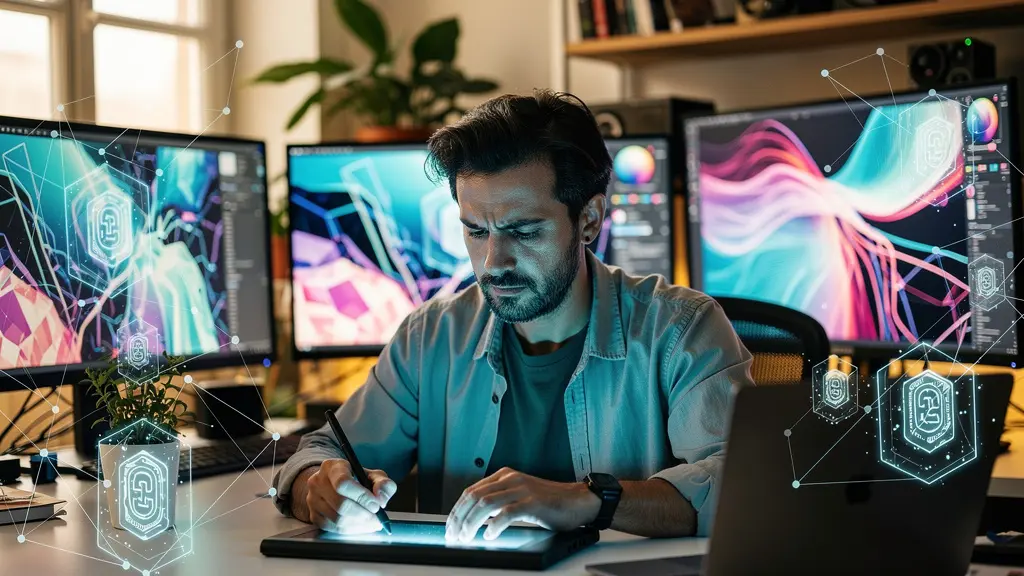 Artista español creando NFT con certificado blockchain visible en pantalla holográfica