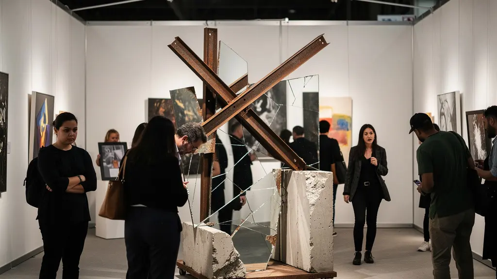 Instalación artística controversial en feria de arte con visitantes observando y reaccionando