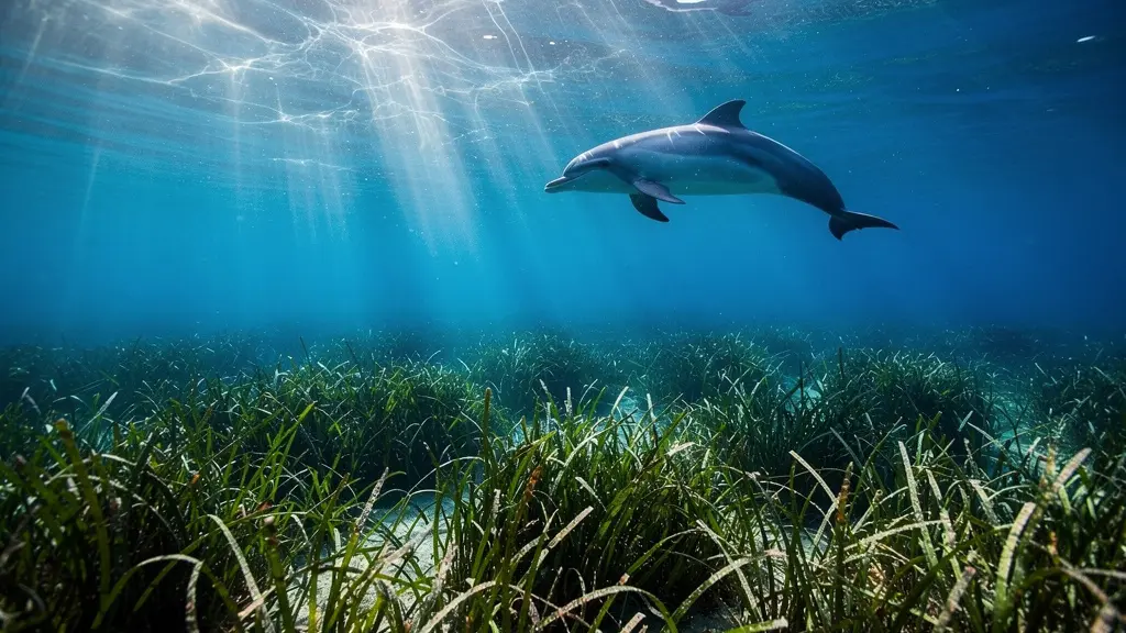 Vista submarina mostrando pradera de posidonia con silueta de delfín nadando sobre ella