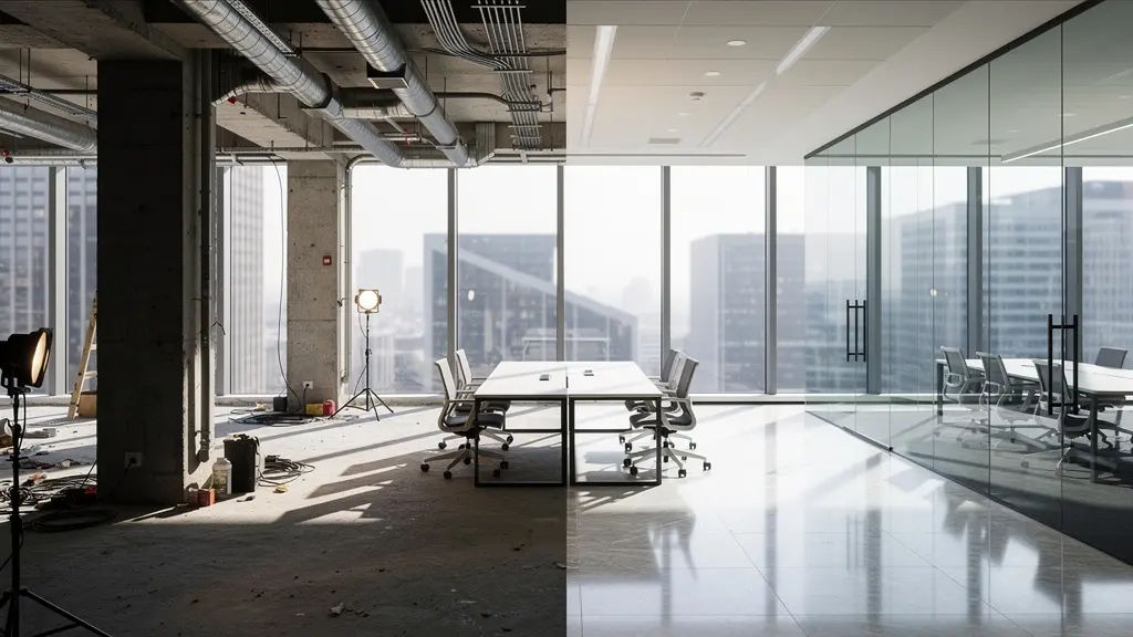 Interior de oficina moderna en proceso de acondicionamiento con espacios diáfanos y materiales de alta calidad