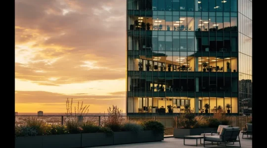 Vista panorámica de modernos rascacielos de oficinas en Madrid con personas trabajando en diferentes espacios