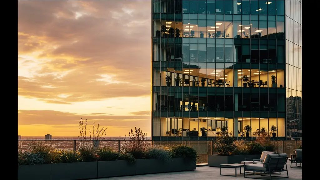Vista panorámica de modernos rascacielos de oficinas en Madrid con personas trabajando en diferentes espacios
