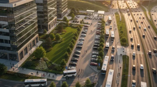 Vista panorámica de un parque empresarial moderno en las afueras con empleados llegando en diferentes medios de transporte