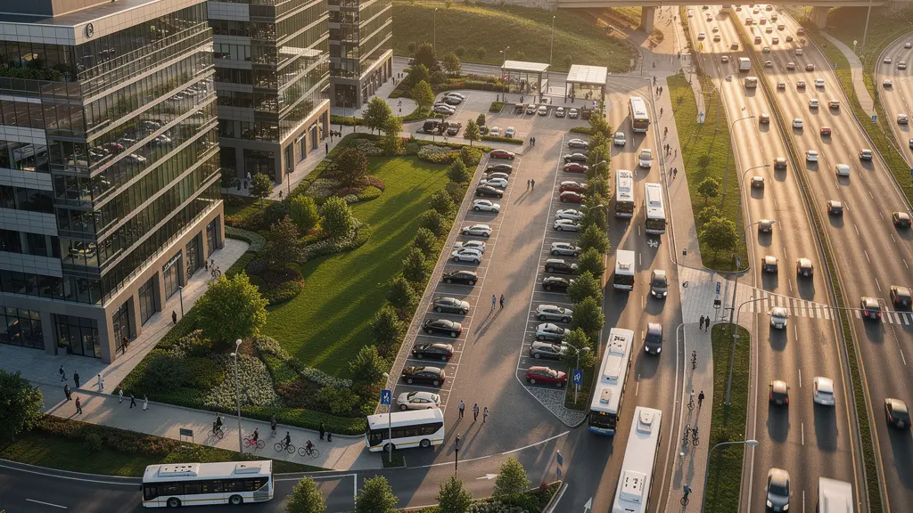 Vista panorámica de un parque empresarial moderno en las afueras con empleados llegando en diferentes medios de transporte