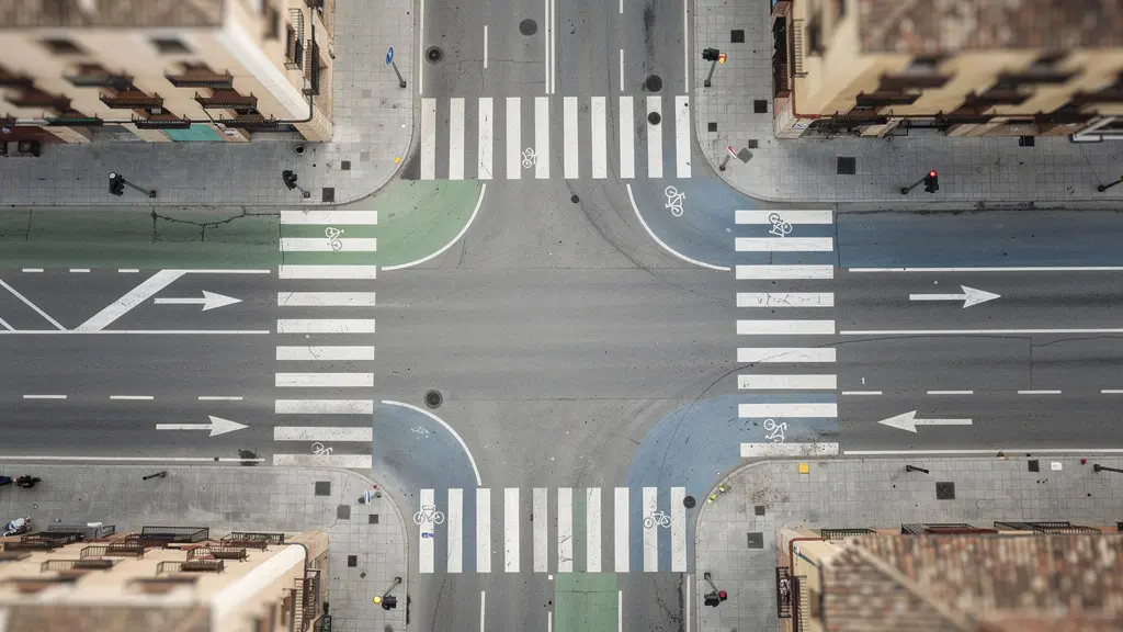 Intersección de paso de peatones con carril bici mostrando señalización de prioridad