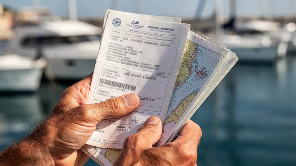 Manos sosteniendo documentación náutica con carta de navegación borrosa al fondo