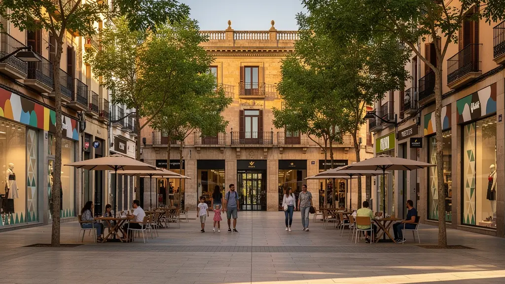 Vista de una calle comercial peatonal con terrazas y comercios activos durante las horas doradas del atardecer