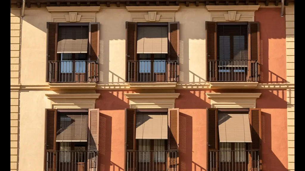 Vista exterior de ventanas con persianas parcialmente abiertas en diferentes alturas simulando actividad