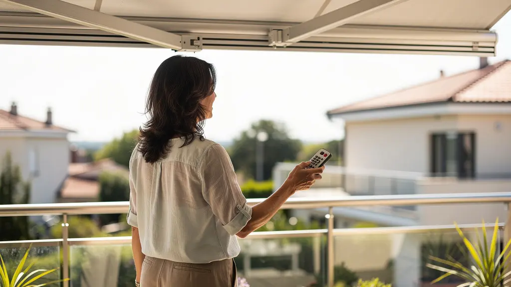 Mujer de mediana edad en terraza usando mando a distancia para extender toldo motorizado