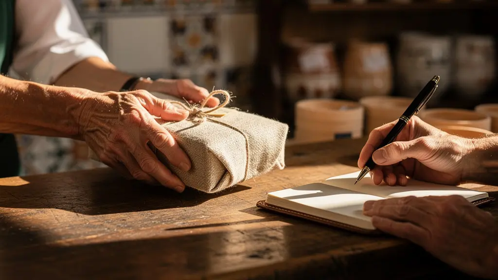 Comerciante local conociendo preferencias del cliente y ofreciendo servicio personalizado en tienda tradicional española