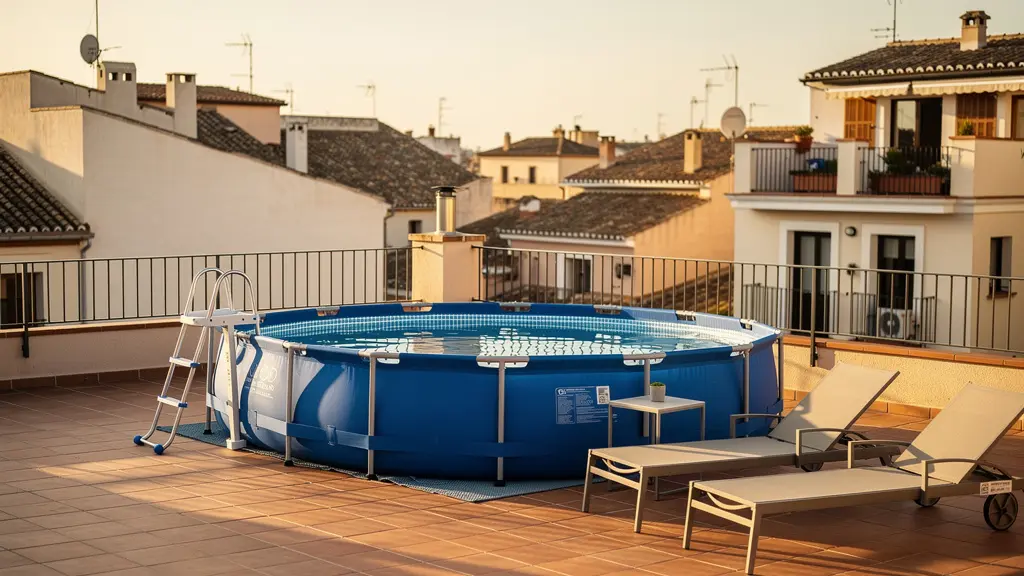 Vista panorámica de una terraza urbana con piscina desmontable en un ático español