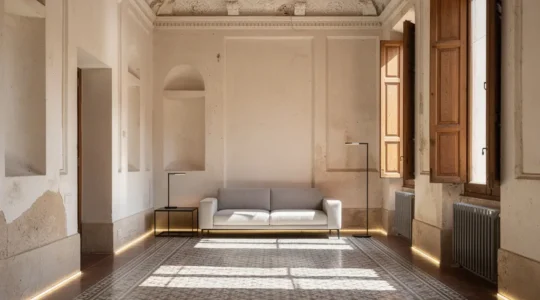 Interior de un piso histórico BIC con elementos arquitectónicos preservados y modernización sutil