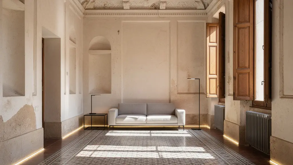 Interior de un piso histórico BIC con elementos arquitectónicos preservados y modernización sutil