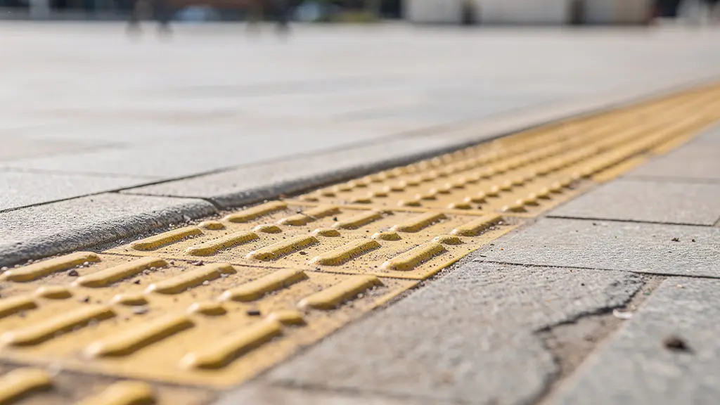 Plaza urbana con pavimento podotáctil y rampas accesibles integradas armoniosamente
