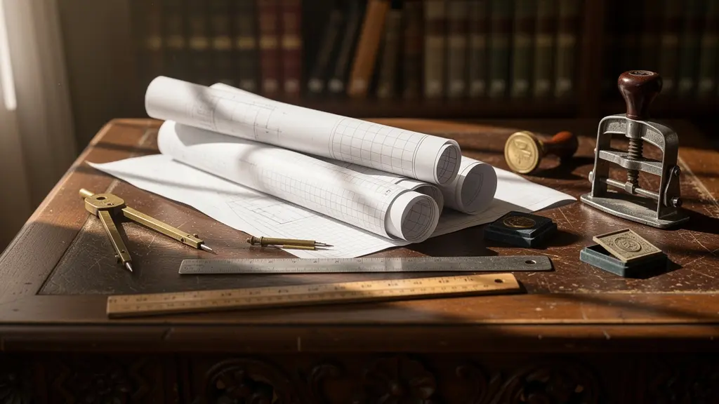 Mesa de trabajo con planos arquitectónicos y documentos de patrimonio histórico