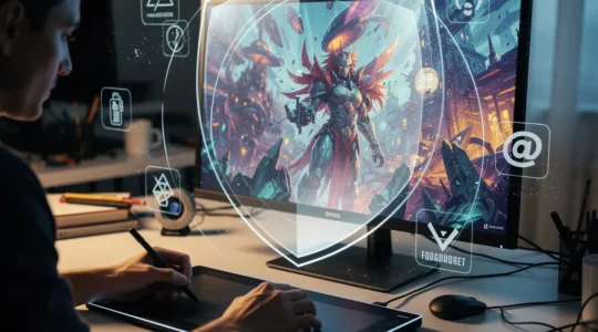 Artista digital protegiendo su obra con herramientas tecnológicas de registro y certificación
