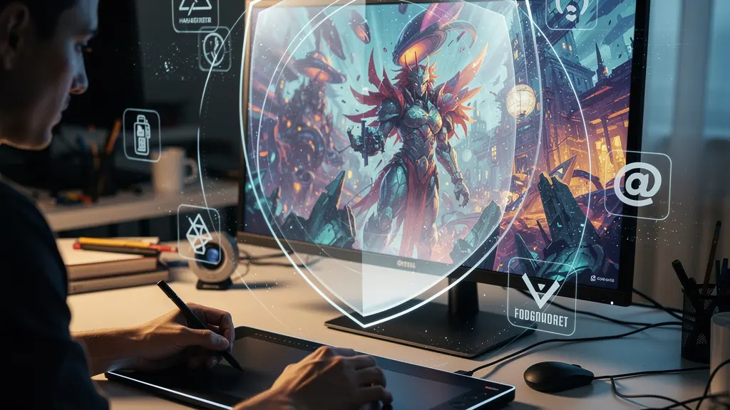 Artista digital protegiendo su obra con herramientas tecnológicas de registro y certificación